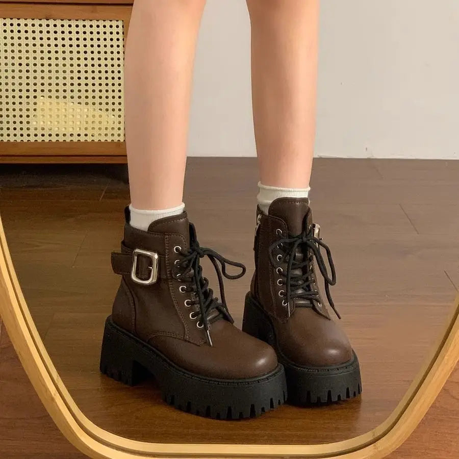 Height Increase Leather Round Toe Woman Short Shoes Spring Autumn Lace-up Chunky Booties High Quality Hot Ankle Boots for Women