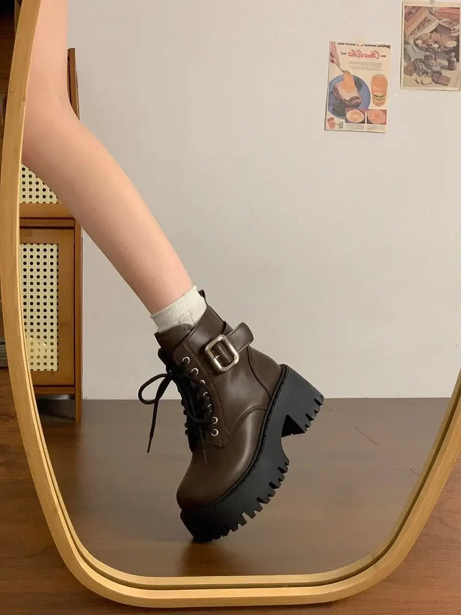 Height Increase Leather Round Toe Woman Short Shoes Spring Autumn Lace-up Chunky Booties High Quality Hot Ankle Boots for Women