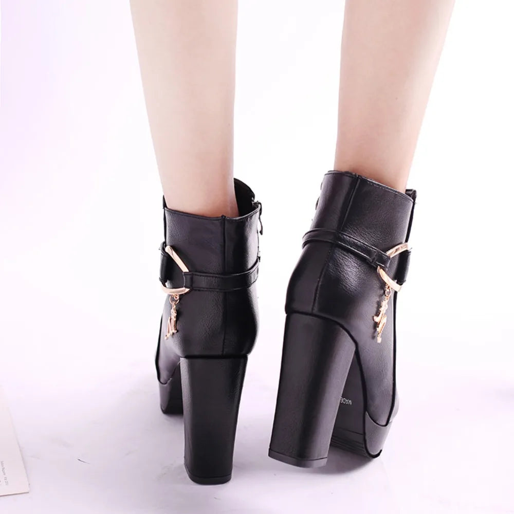 Fashion Ankle Boots Solid Color Round Head Side Zipper Design Autumn Winter Women's Fashion High Heeled Ankle Boot Size 32-43