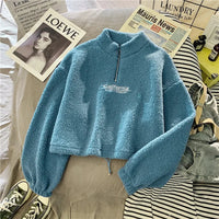 2023 Autumn Solid Letter Half Turtleneck Sweater Women Long Sleeve Loose Tops Zipper Ladies Clothes Sweatshirt Sporty Style - blue / XXL