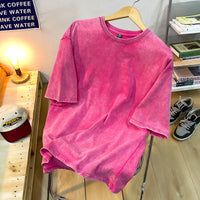 Vintage Snowflake Point Solid Color T-Shirts Women Men Cotton Short Sleeve Wash With Old Water Street Hip Hop Couple Tee Shirt - Rose Red / S (45-55KG)