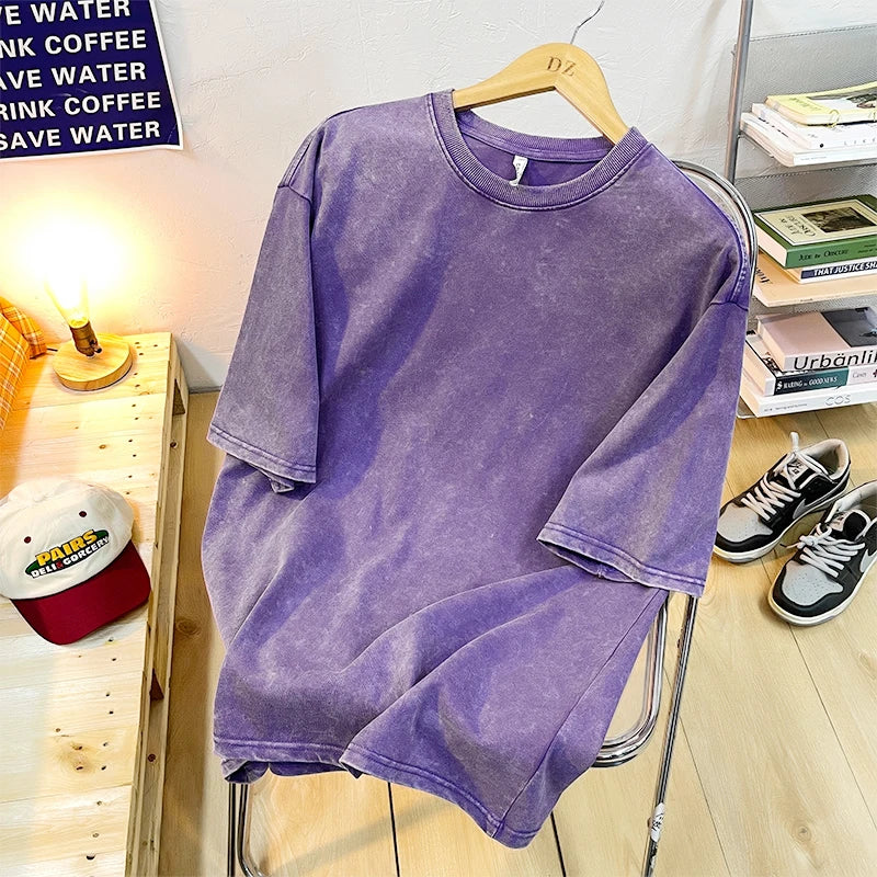 Vintage Snowflake Point Solid Color T-Shirts Women Men Cotton Short Sleeve Wash With Old Water Street Hip Hop Couple Tee Shirt