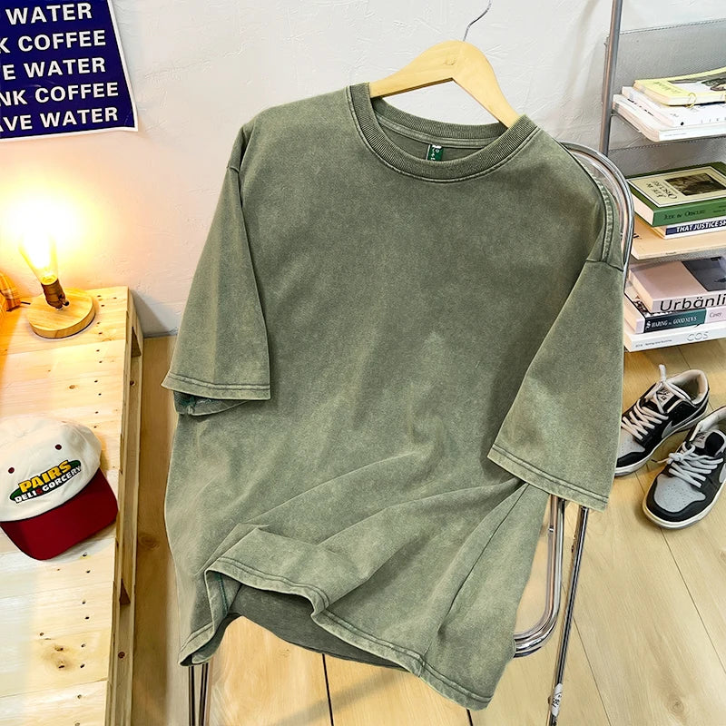 Vintage Snowflake Point Solid Color T-Shirts Women Men Cotton Short Sleeve Wash With Old Water Street Hip Hop Couple Tee Shirt