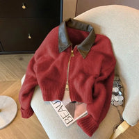 2025 Autumn Winter New knitted Cardigan Sweater Women Fashion Long-Sleeved Polo Collar Short Coat Female Loose Sweater Lady Tops - Red / L