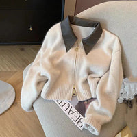 2025 Autumn Winter New knitted Cardigan Sweater Women Fashion Long-Sleeved Polo Collar Short Coat Female Loose Sweater Lady Tops - Apricot / XXL