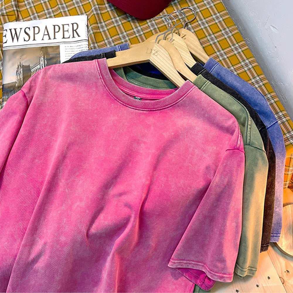 Vintage Snowflake Point Solid Color T-Shirts Women Men Cotton Short Sleeve Wash With Old Water Street Hip Hop Couple Tee Shirt